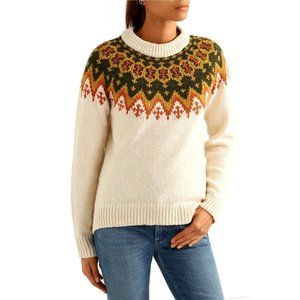 Madewell Cream, Green, & Orange Crew Neck Wool Blend Fair Isle Print Sweater L